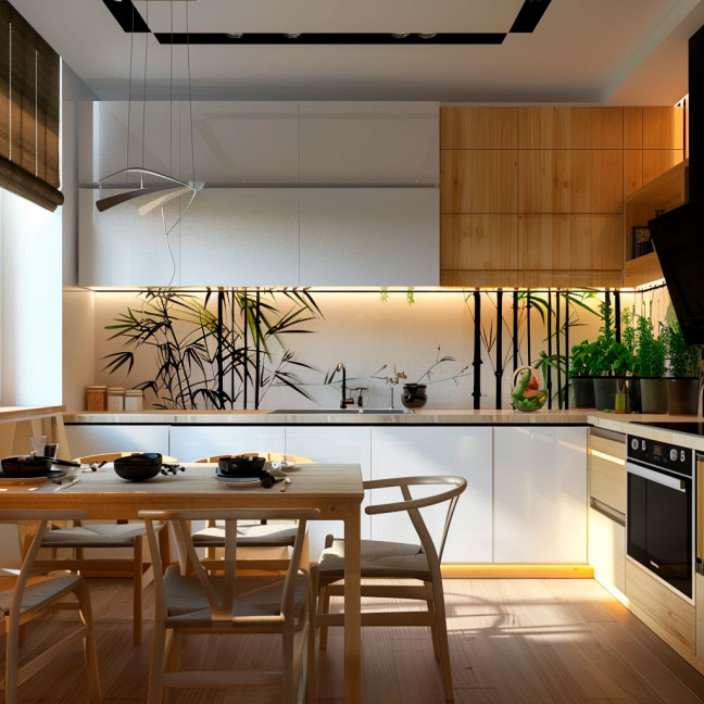 Moderne Küche mit Holzdekor und elegantem Beleuchtungskonzept Helle, moderne Küche mit Holzakzenten, Pflanzen und eleganter Beleuchtung