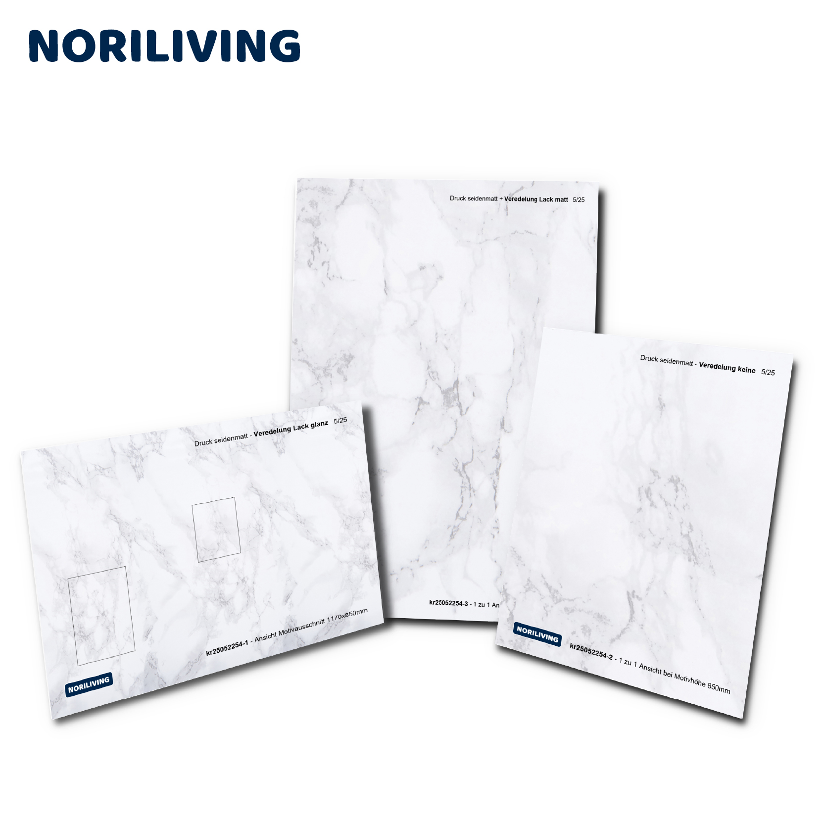 Drei Papierbögen mit Marmormuster und unterschiedlichen Veredelungen von Noriliving
