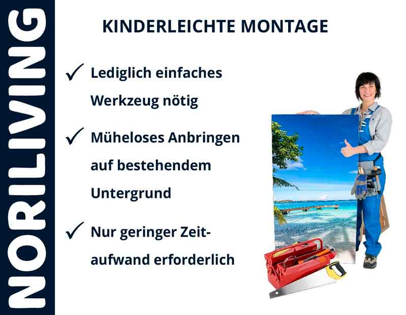 Person mit Bild und Werkzeug, Tipps zur einfachen und schnellen Montage von Noriliving Produkten