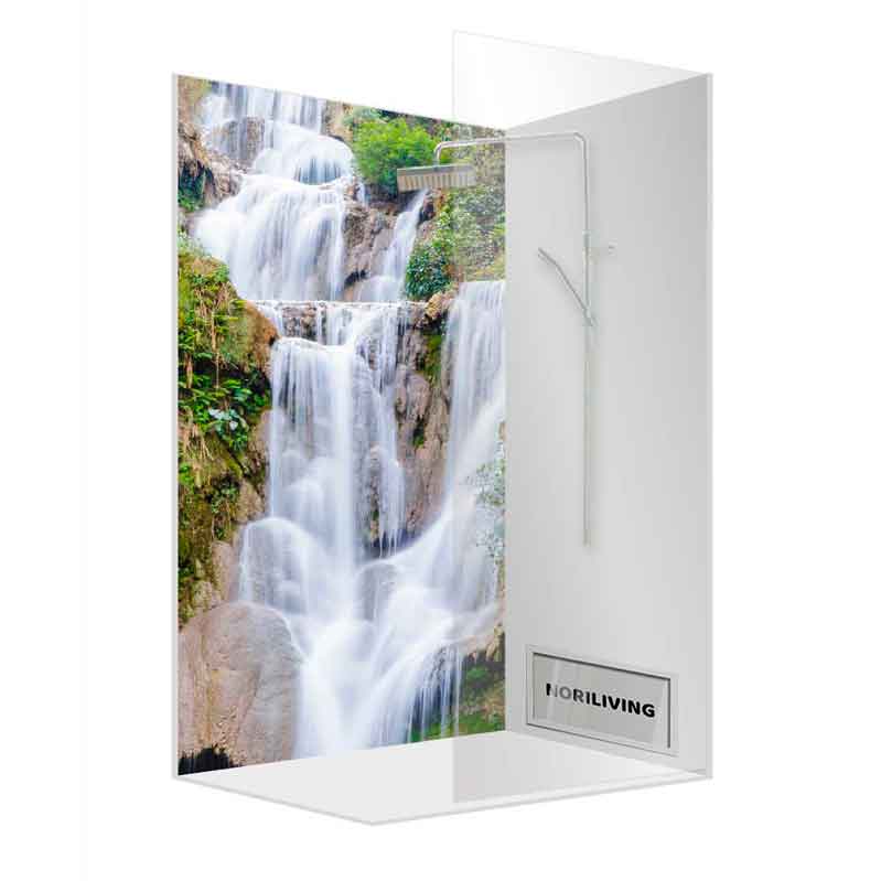 Duschkabine mit großem Wasserfall-Bild an der Wand und Glasverkleidung