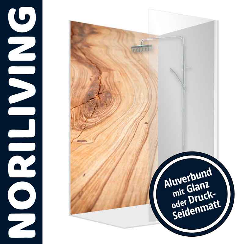 Duschwand von NORILIVING mit Holzdesign, Aluverbund wählbar in Glanz oder Seidenmatt
