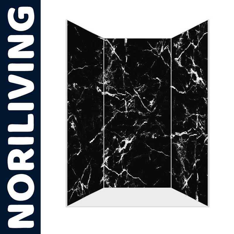 Schwarze Duschwand mit Marmor-Design von Noriliving