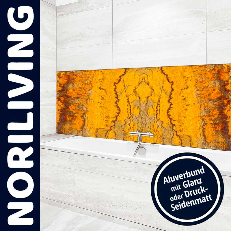 Modernes Badezimmer mit auffälliger oranger Rückwand aus Aluverbund, angeboten von Noriliving