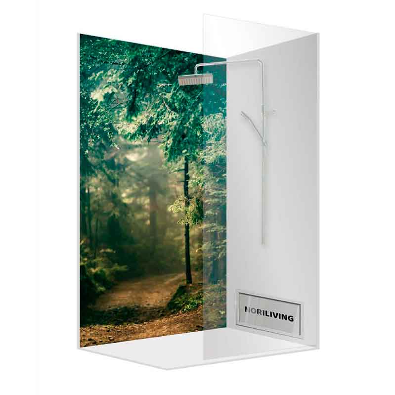 Moderne Duschkabine mit Waldmotiv für naturnahe Badeerlebnisse Duschkabine mit Leinwand im Waldmotiv, ideal für ein entspannendes Duscherlebnis