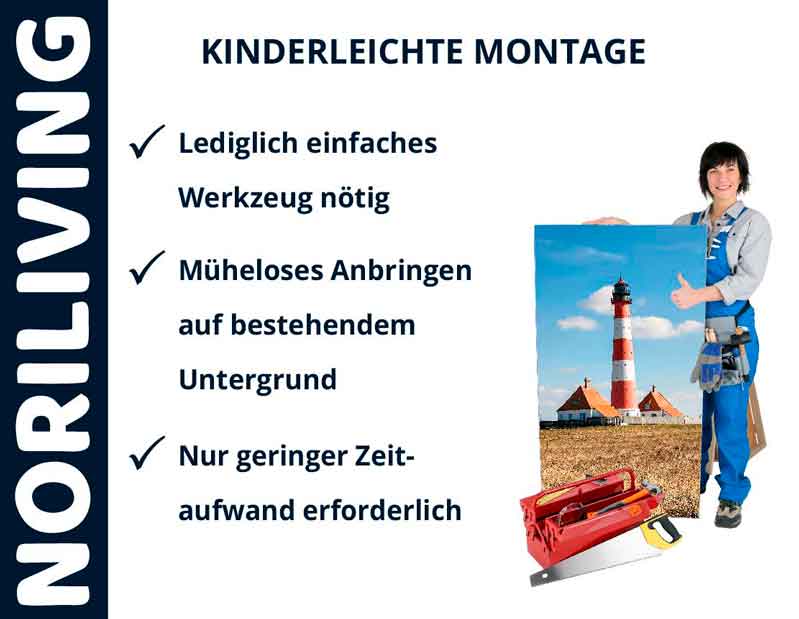 Person mit Bild eines Leuchtturms und Montagewerkzeugen, kinderleichte Montageanleitung betont