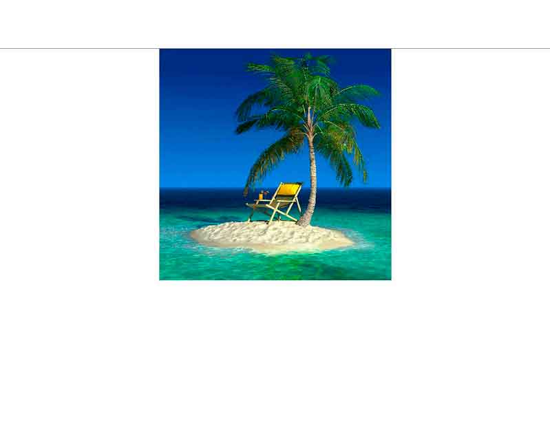 Einsame Insel mit Liegestuhl und Palme im Meer Kleine Sandinsel mit einem gelben Liegestuhl und einer Palme, umgeben von klarem blauem Wasser.