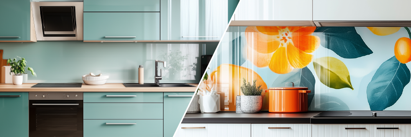 Moderne Küchenzeile mit grünem Design und floraler Rückwand Zwei Küchen im Vergleich: Links eine moderne Küche mit grünen Schränken, rechts eine Küche mit floraler Rückwand und orangen Akzenten.