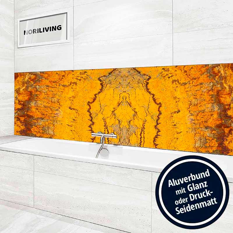 Modernes Badezimmer mit auffälligem, orange-gelbem Rückwandschutz aus Aluverbund