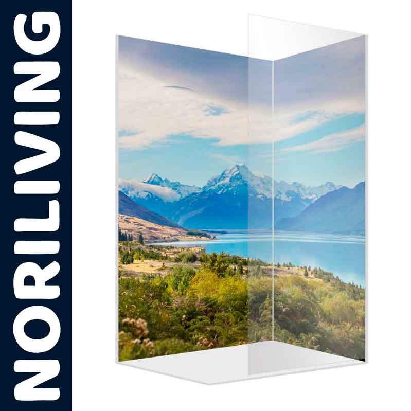 Dekorativer Raumteiler mit Landschaftsmotiv von Noriliving Raumteiler mit Berglandschaft und See von Noriliving