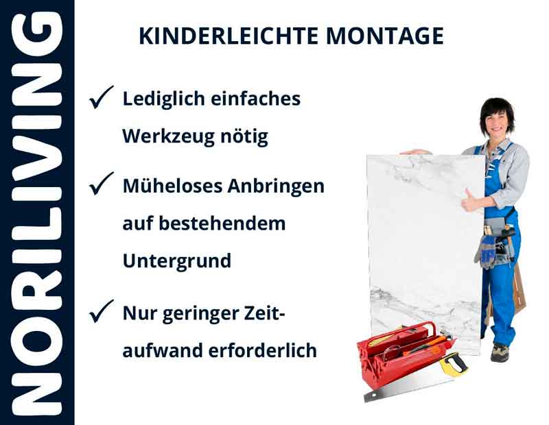 Werbung von NORILIVING mit einer Person, die eine einfache Montageanleitung präsentiert: Lediglich einfaches Werkzeug nötig, müheloses Anbringen auf bestehendem Untergrund, geringer Zeitaufwand erforderlich.