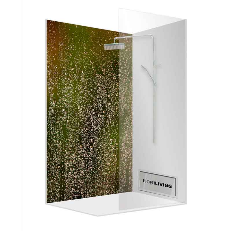 Duschkabine mit bedruckter Rückwand, Naturmotiv im Design, Glaswände und elegante Armaturen von NORILIVING.