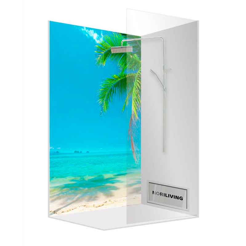 Moderne Duschkabine mit Strandmotiv Duschkabine mit tropischem Strandhintergrund und Glaswänden