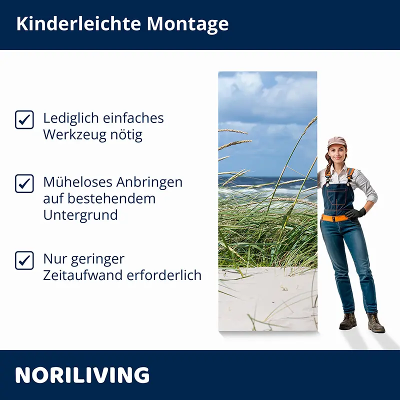 Infografik: Montagehinweise mit Frau und Dünenbild