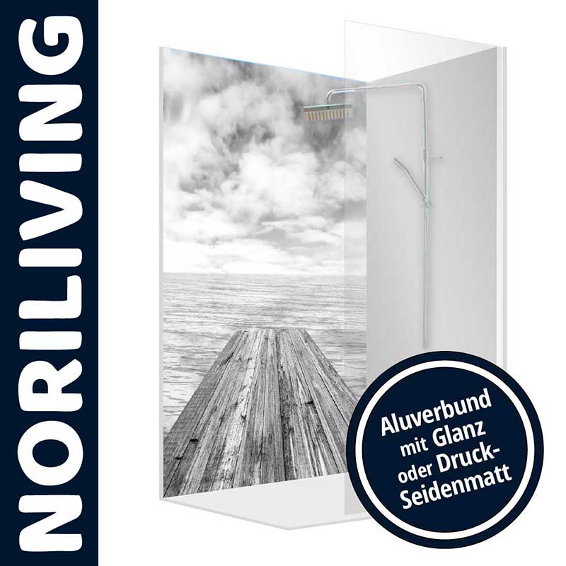 Noriliving Duschrückwand mit Seelandschaftsmotiv und Aluverbund-Oberfläche in Glanz oder Druck-Seidenmatt