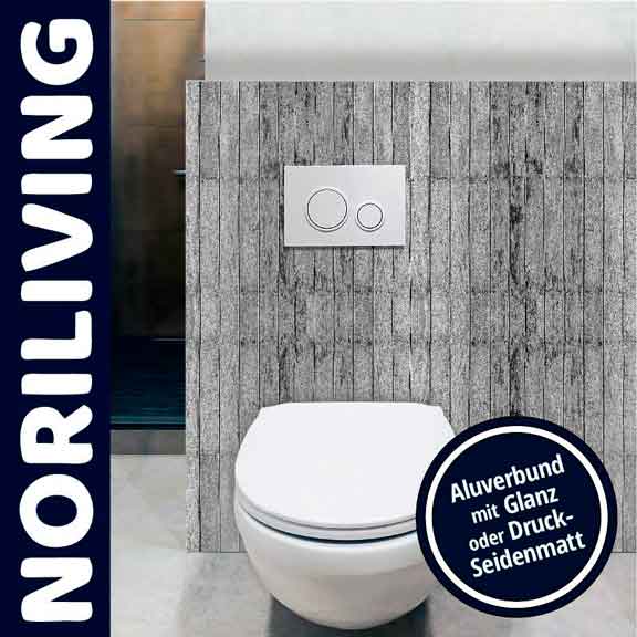 Moderne Toilette mit vertikaler Wandverkleidung aus Aluverbund in Glanz oder Druck-Seidenmatt von NORILIVING