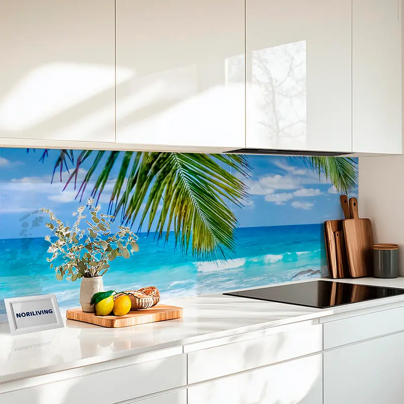 Küchenrückwand Echtglasoptik Profiline Tropischer Traumstrand mit Palmen und Felsen 753