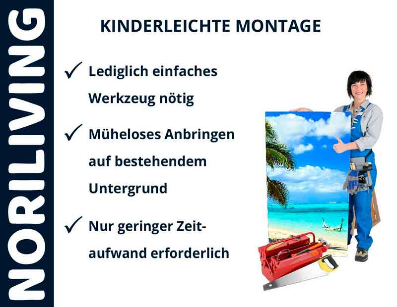 Person hält ein Poster mit Strandmotiv, daneben Text: Noriliving, kinderleichte Montage, einfaches Werkzeug nötig, müheloses Anbringen, geringer Zeitaufwand.