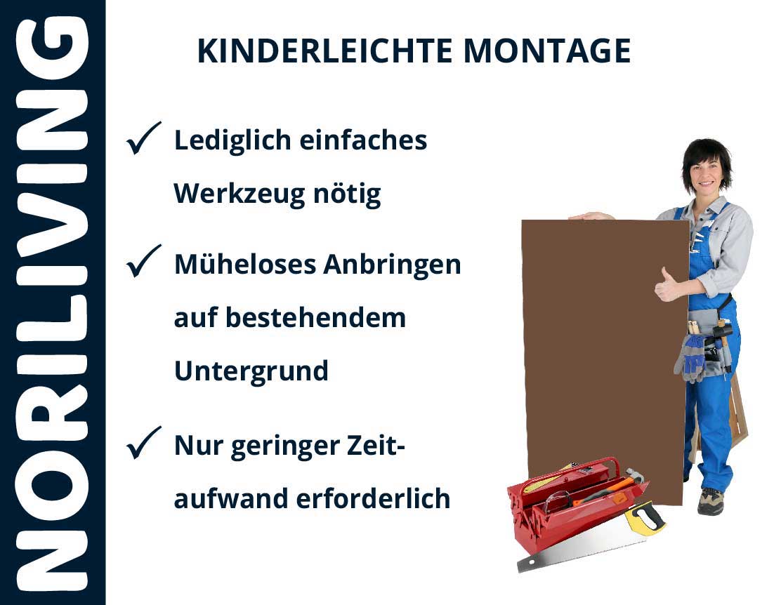 Person in Arbeitskleidung mit Montagewerkzeug und Schild mit Text: 'Kinderleichte Montage, Lediglich einfaches Werkzeug nötig, Müheloses Anbringen auf bestehendem Untergrund, Nur geringer Zeitaufwand erforderlich'