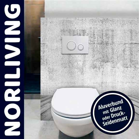 Moderne WC-Einheit mit Aluverbund-Design von Noriliving WC-Einheit mit quadratischer Spültaste und Aluverbund-Oberfläche, erhältlich in Glanz oder Druck-Seidenmatt