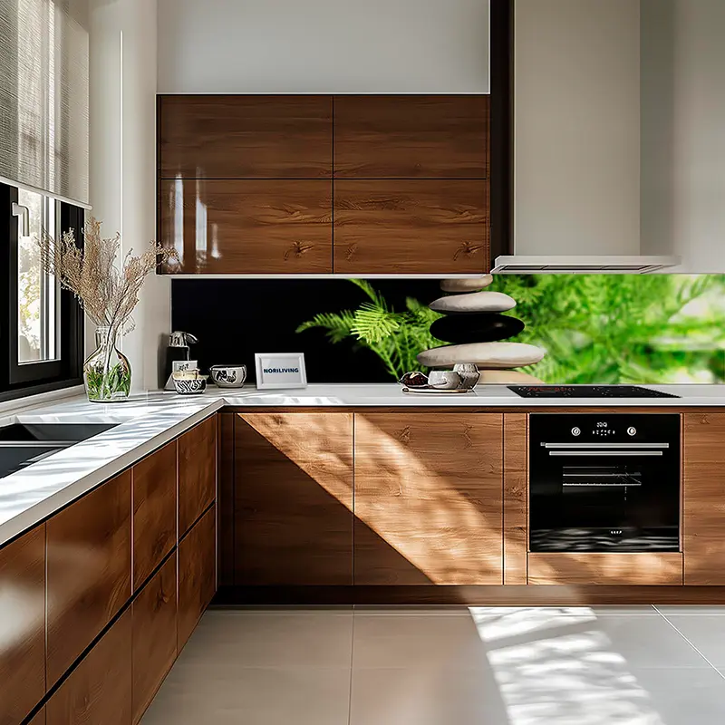 Helle Küche mit Holzschränken und grüner Glasrückwand