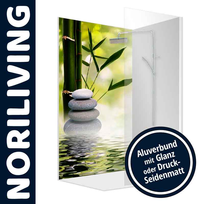 Aluverbund Duschrückwand mit Bambus- und Steinmotiv, glänzend oder seidenmatt