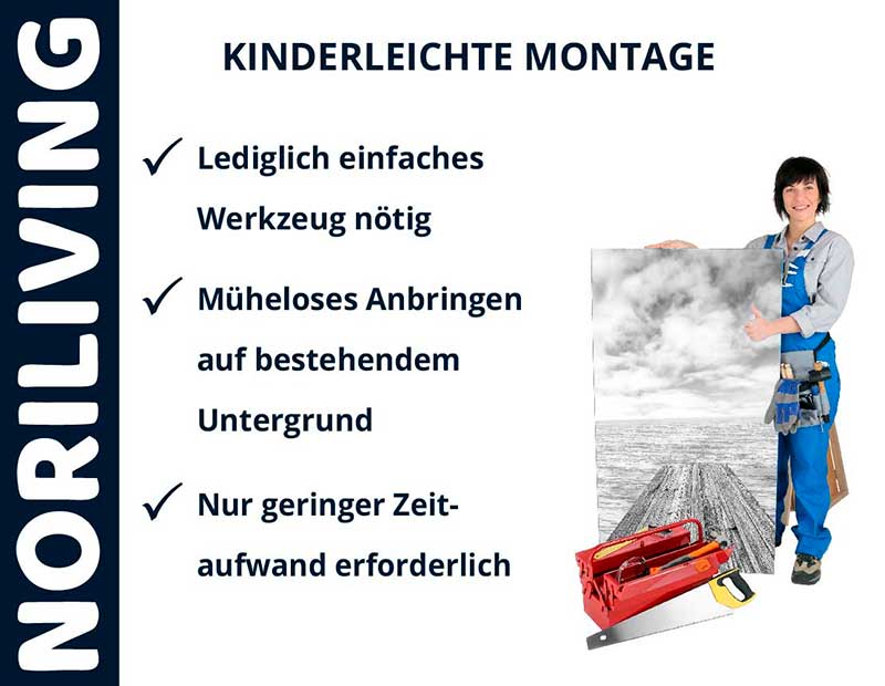 Grafik zeigt eine Person bei der unkomplizierten Montage mit Hinweisen auf einfachen Werkzeugbedarf, müheloses Anbringen und geringen Zeitaufwand. Produkt von NORILIVING.