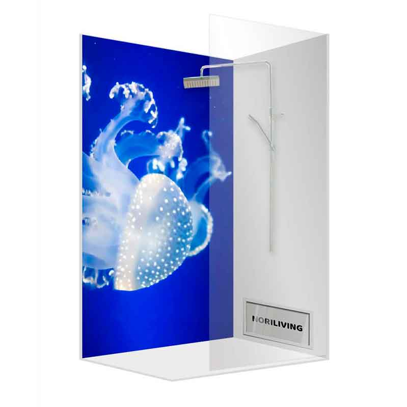 Moderne Duschkabine mit Glaswand und Quallenmotiv
