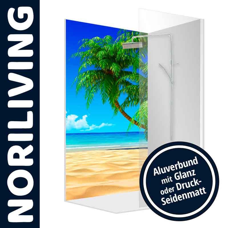 Duschwand mit Strandmotiv und Palmen von Noriliving, erhältlich in glänzendem oder seidenmattem Aluverbund