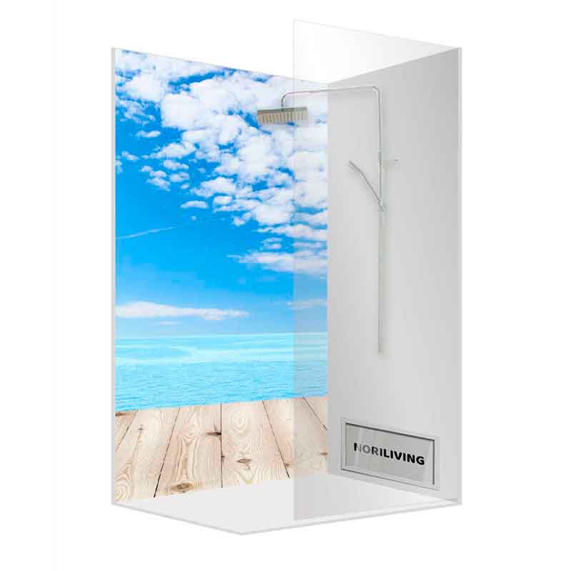 Moderne Duschkabine mit Strandmotiv Duschkabine mit Strand- und Himmelmuster auf der Rückwand