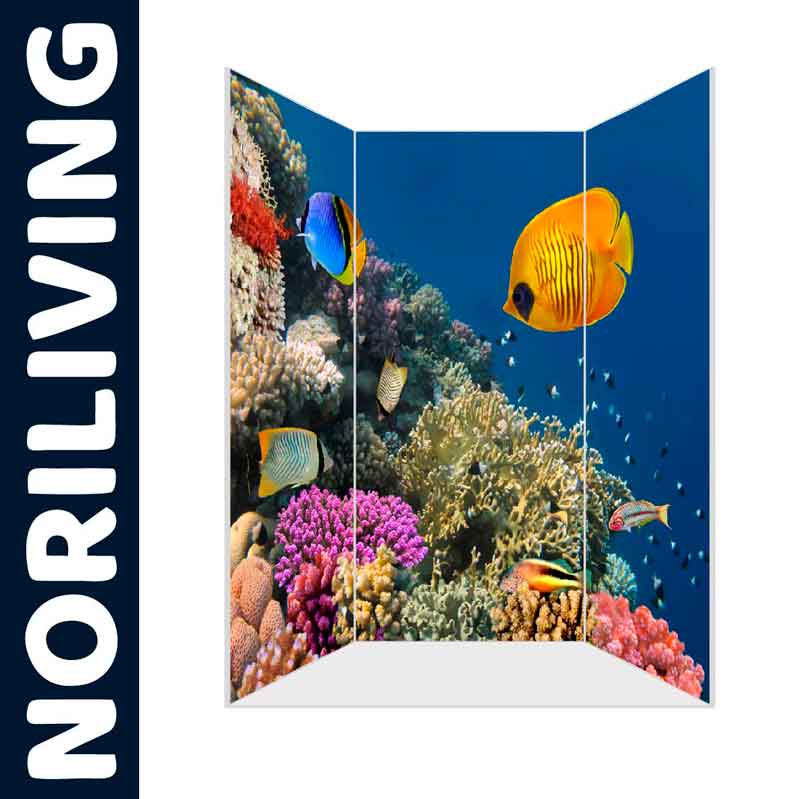 Raumteiler mit Unterwasser-Motiv und bunten Fischen - NORILIVING Dekorativer Raumteiler zeigt lebendige Unterwasserszene mit bunten Fischen und Korallen.