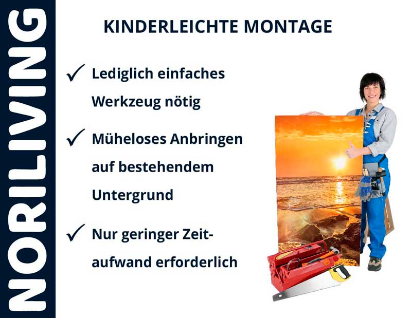 Person in Arbeitskleidung präsentiert Bild mit Sonnenuntergang; Text informiert über einfache Werkzeuge und geringen Zeitaufwand bei der Montage.