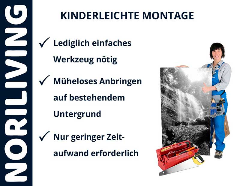 Frau präsentiert NORILIVING Produkt mit einfacher Montageanleitung