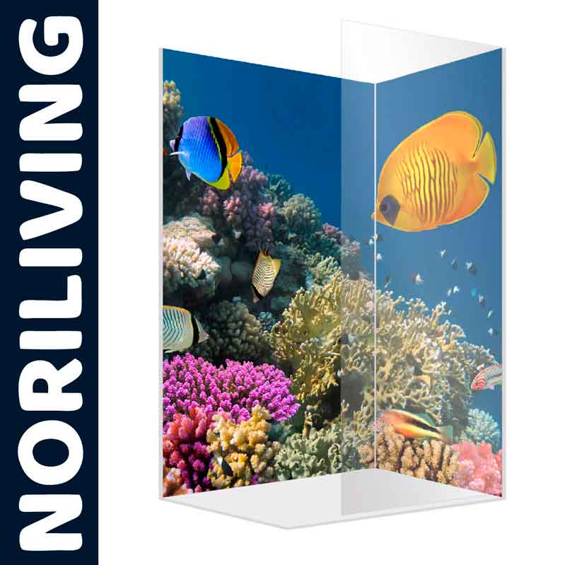 Aquarium-Duschpaneele mit bunten Fischen und Korallen - Noriliving Design Bunte Fische und Korallen auf einer Aquarium-Glaswandverkleidung von Noriliving