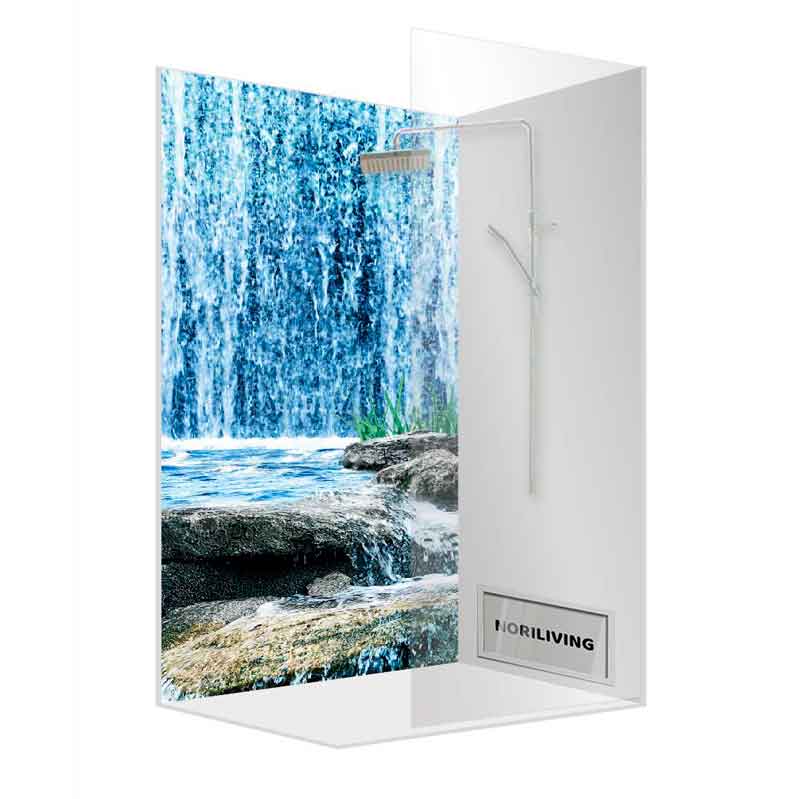 Elegante Duschkabine mit Wasserfall-Motiv und Glaswänden