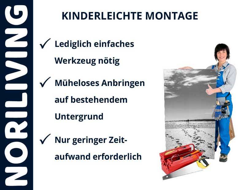 Noriliving Anleitung für mühelose Montage mit wenigen Werkzeugen, präsentiert von einer Person mit Handwerksausrüstung