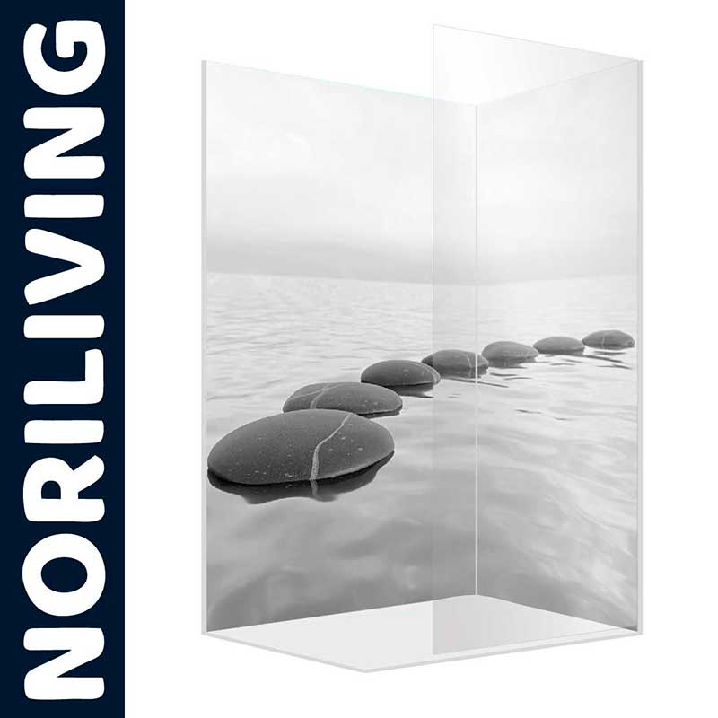 Duschtrennwand mit Zen-Motiv, verschiedene Steine im ruhigen Wasser, passt ideal ins Badezimmer