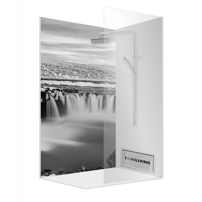 Moderne Dusche mit Glasrückwand und Wasserfall-Design