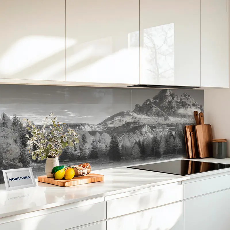 Küchenrückwand Alu See und Berge im Herbst 382 schwarz-weiß