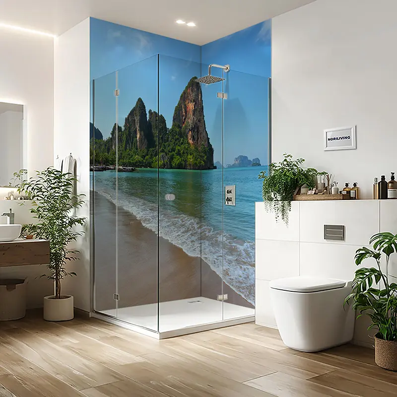 Duschrückwand Einzel | Ecke | Nische | Alu Strand mit Felsformation 466