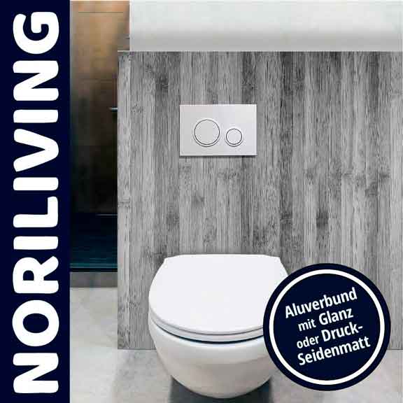 WC mit Aluverbund-Hinterwand in Holzoptik und Spültasten in einem modernen Badezimmer