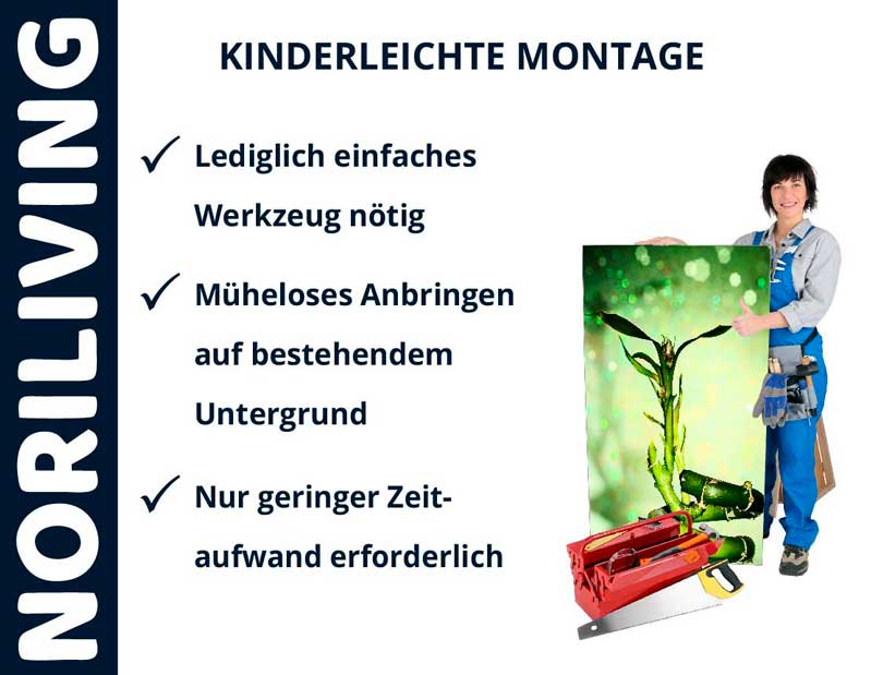 Einfache Montage mit Noriliving - Kein Spezialwerkzeug nötig Noriliving Display mit einfacher Montageinstruktion, Person hält ein Paneel mit Pflanzenmotiv