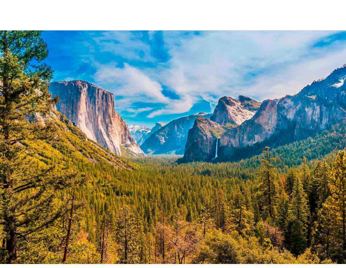 Panorama des Yosemite-Nationalparks mit El Capitan und Bridalveil-Fall inmitten eines dichten Waldes