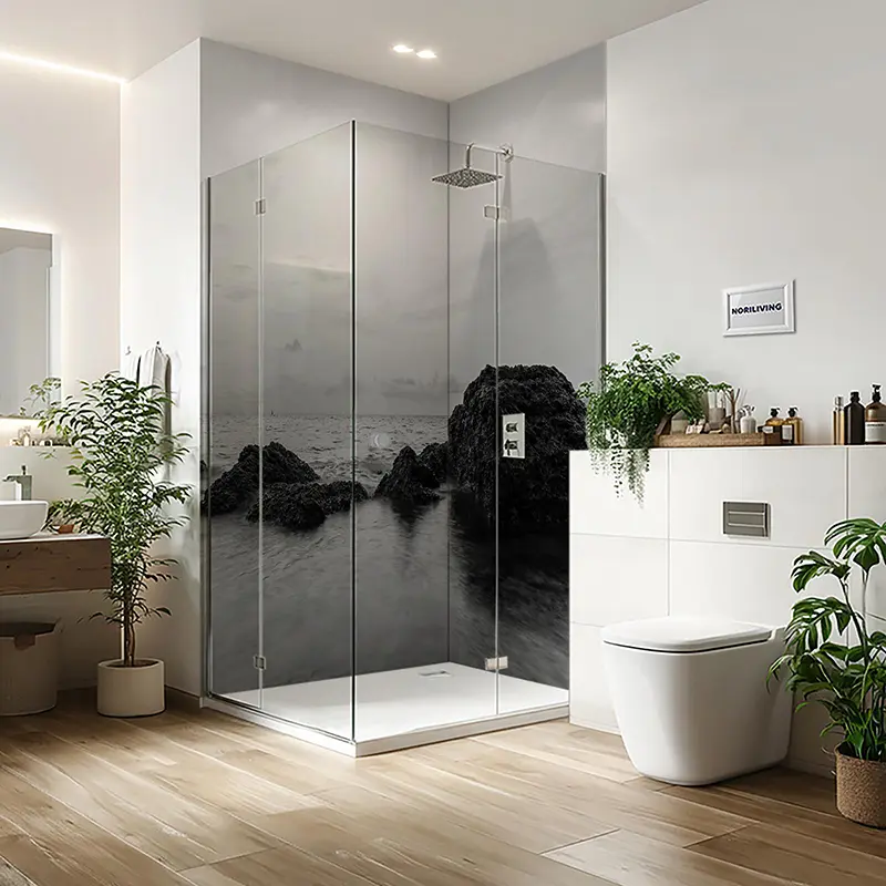 Duschrückwand Aluverbund Felsen im Meer bei rosanem Sonnenuntergang 053 schwarz-weiß