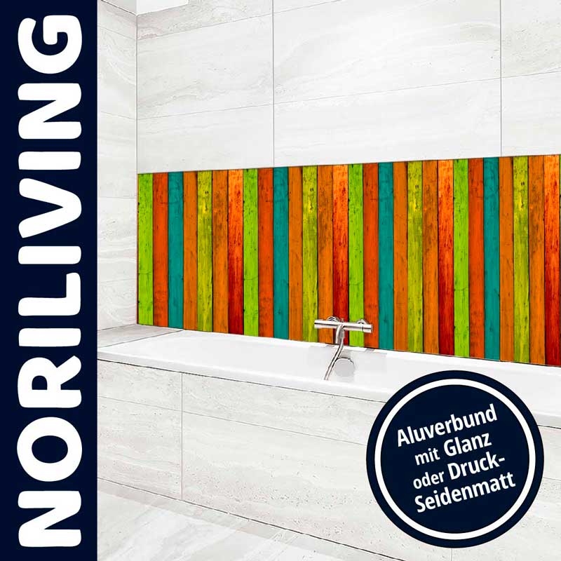 Badewannenrückwand von NORILIVING mit buntem Streifenmuster aus Aluverbund, erhältlich mit Glanz- oder Druck-Seidenmatt-Oberfläche