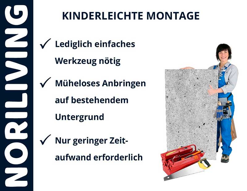 NORILIVING - Kinderleichte Montage mit einfachem Werkzeug Werbefoto von NORILIVING mit schrittweiser Montageanleitung für einfache Installation