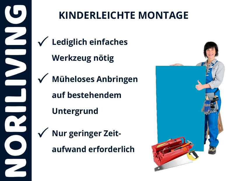 NORILIVING - Kinderleichte Montage mit minimalem Werkzeugaufwand Person in Arbeitskleidung hält ein großes Paneel, daneben Montagehinweise für die einfache Installation von NORILIVING Produkten