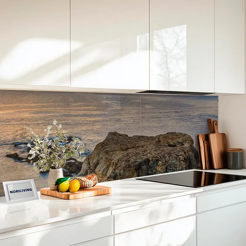 Küchenrückwand Echtglasoptik Profiline Felsbogen am Meer bei Sonnenuntergang 521