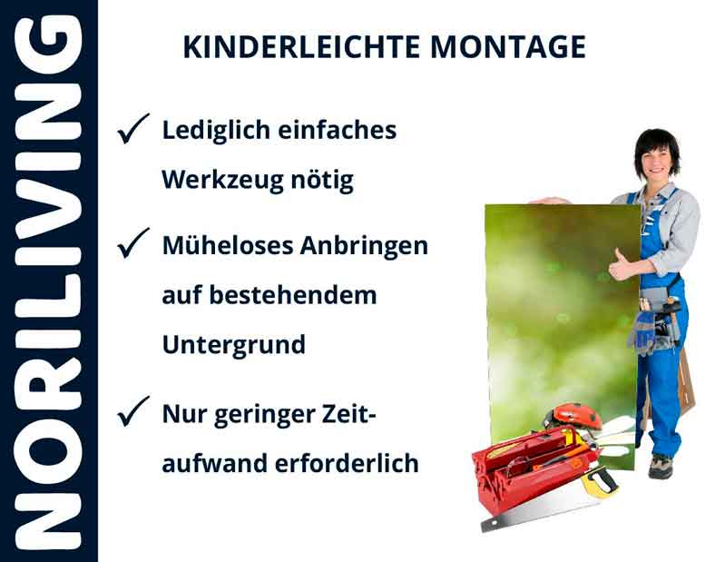 Frau mit Werkzeug präsentiert NORILIVING kinderleichte Montage mit einfachem Werkzeug, mühelosem Anbringen und geringem Zeitaufwand