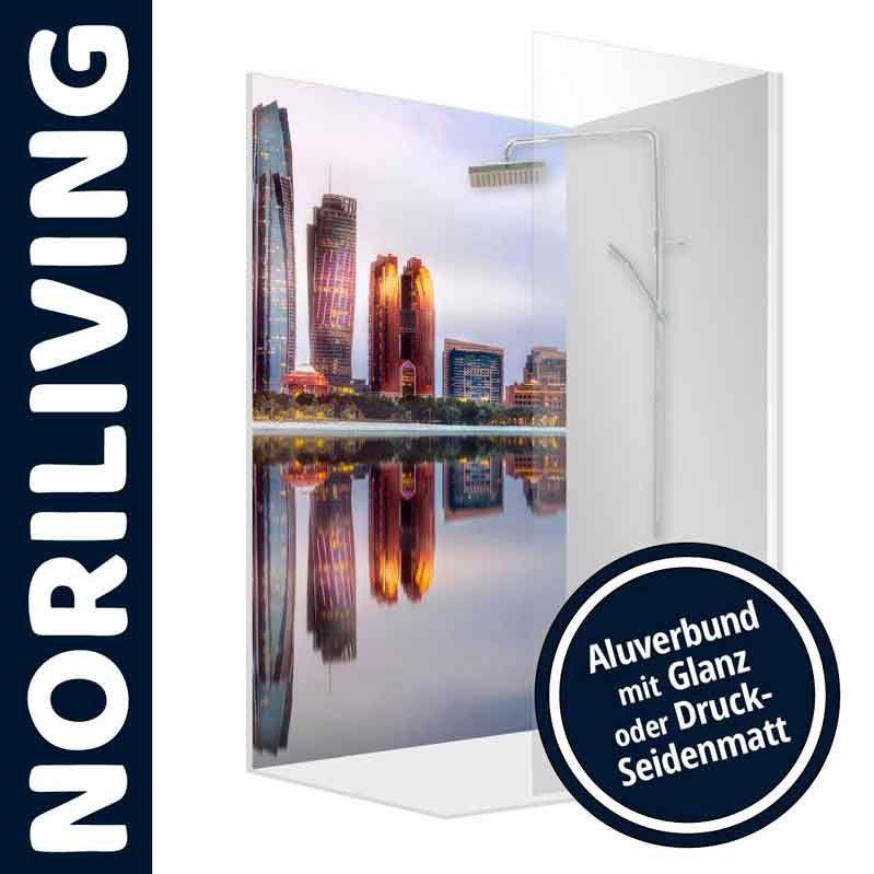 Duschwand mit Stadtansicht und Alu-Dibond in Glanz oder Seidenmatt