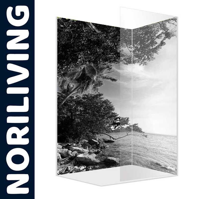 Transparente Duschtrennwand mit Fotomotiv von Strand und Meer